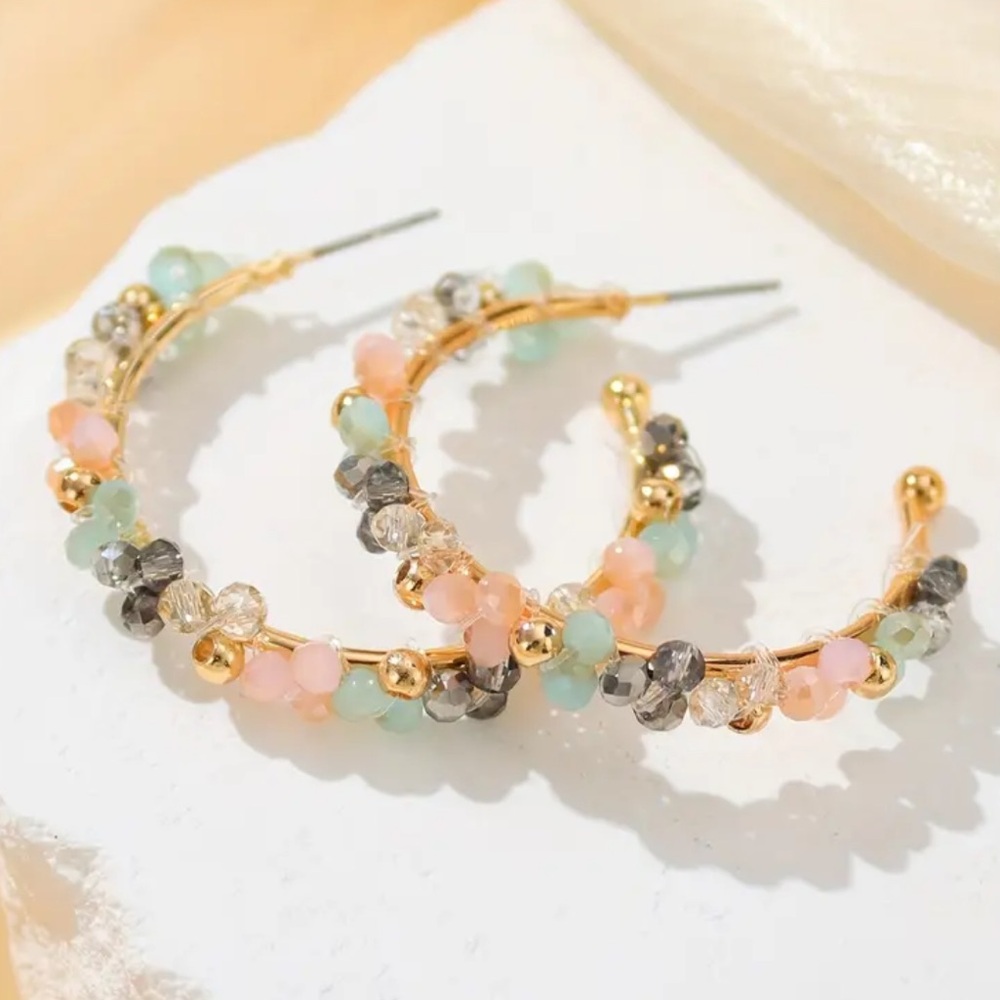 Elegant Gold and Multicolor Beaded Hoop Earrings
